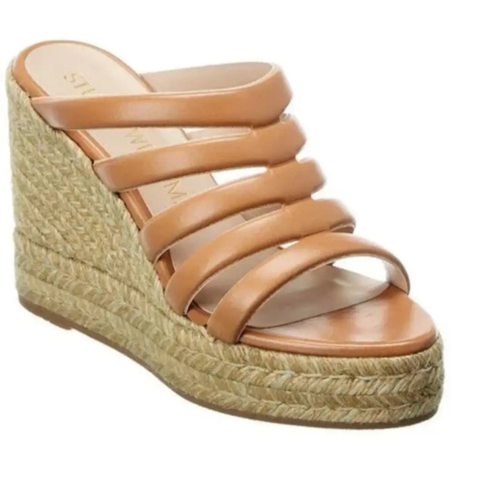 Stuart Weitzman Tan Leather Lilyana Platform Wedge Espadrille Slip On Sa…